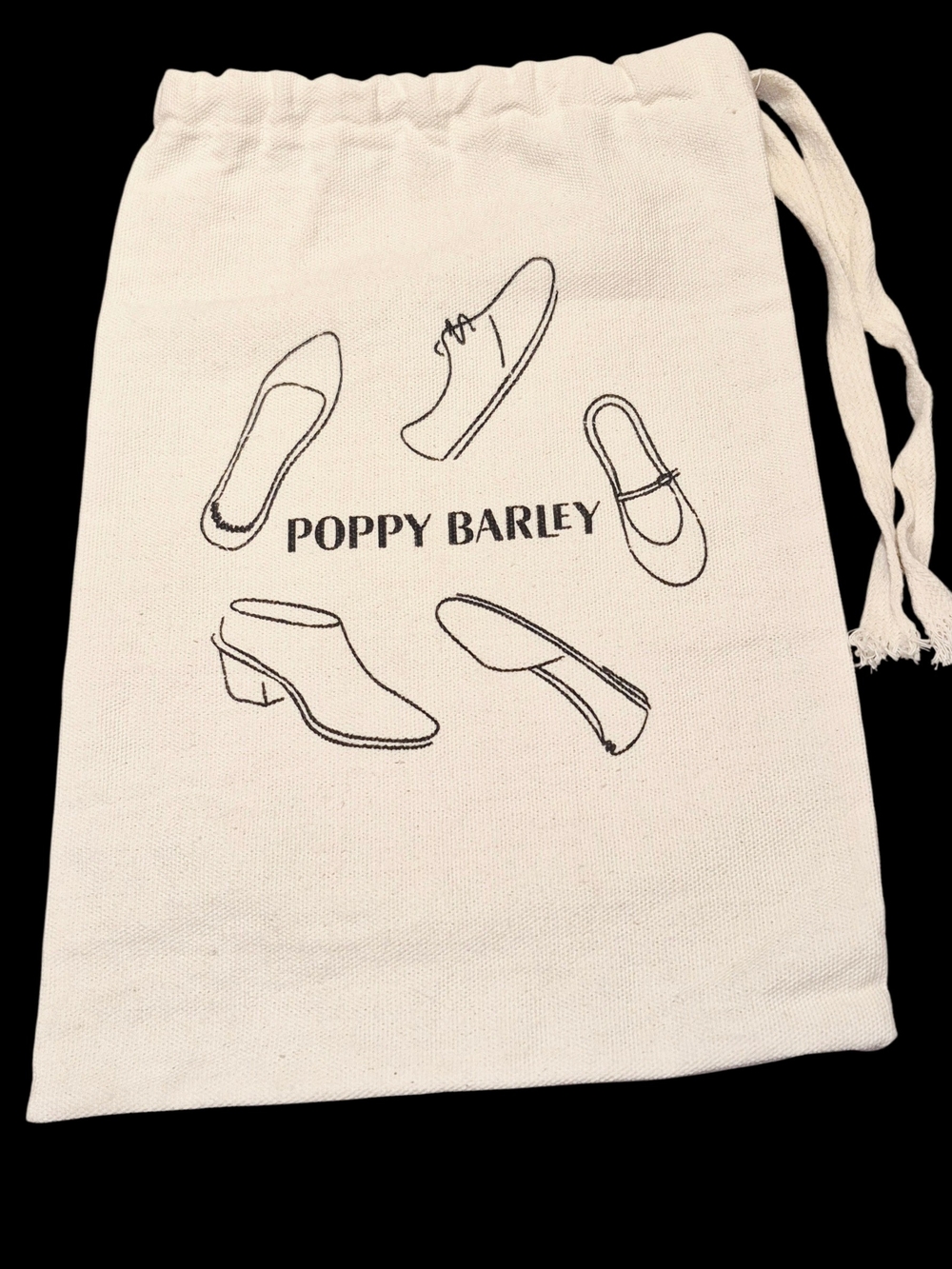 Poppy Barley Natural Canvas Drawstring Bag with Black Shoe Sketches